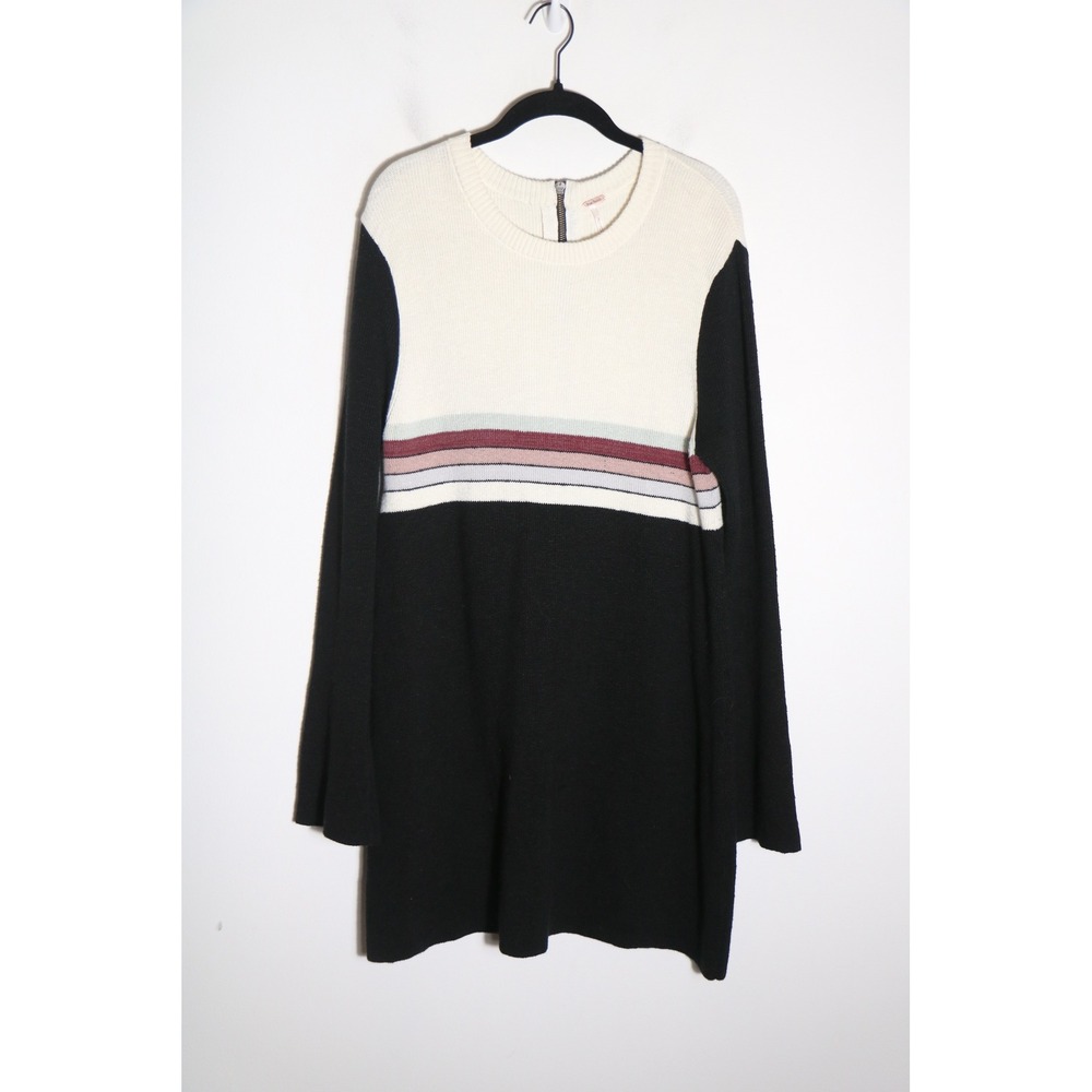 Free People Colorblock Striped Mini Sweater Dress Large Cotton Linen Boho Retro - Picture 2 of 6